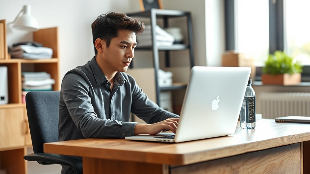 Young professional at wooden desk working intently with laptop, bright natural daylight, organized workspace with water bottle visible, focused expression, professional environment