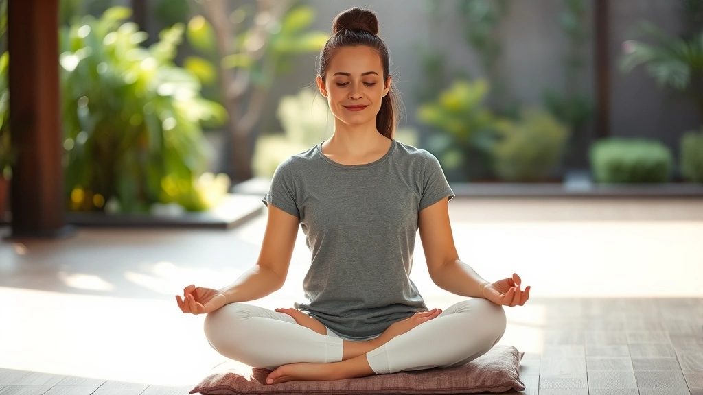 Person meditating in serene environment with soft natural light, sitting cross-legged on cushion, peaceful facial expression, blurred garden or nature background, calm and centered posture