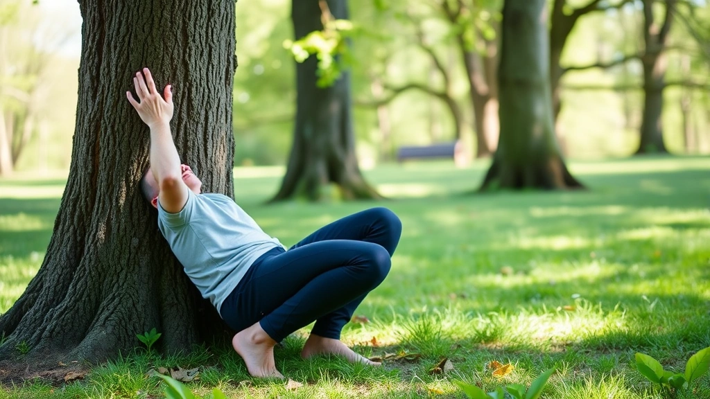 Individual in grounding exercise outdoors touching tree bark, connecting with nature, barefoot on grass, peaceful mindful expression, natural daylight