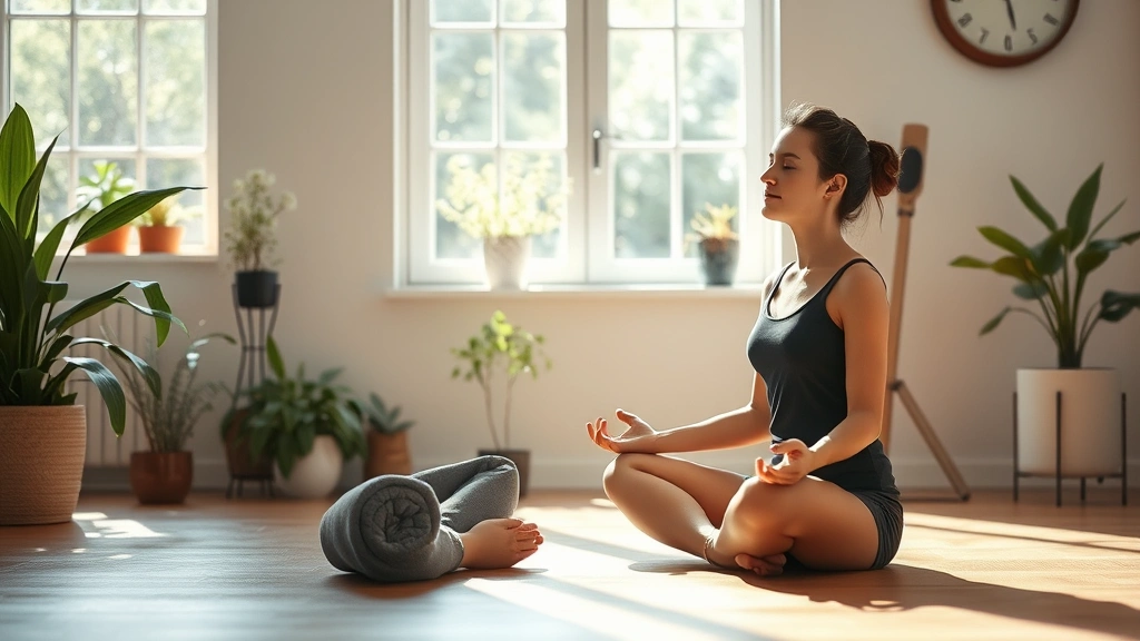 Someone meditating in a sunlit room with plants visible, sitting cross-legged on floor, peaceful facial expression, natural diffused light, serene focused state, photorealistic wellness environment, no clocks or screens visible, calm concentration embodied