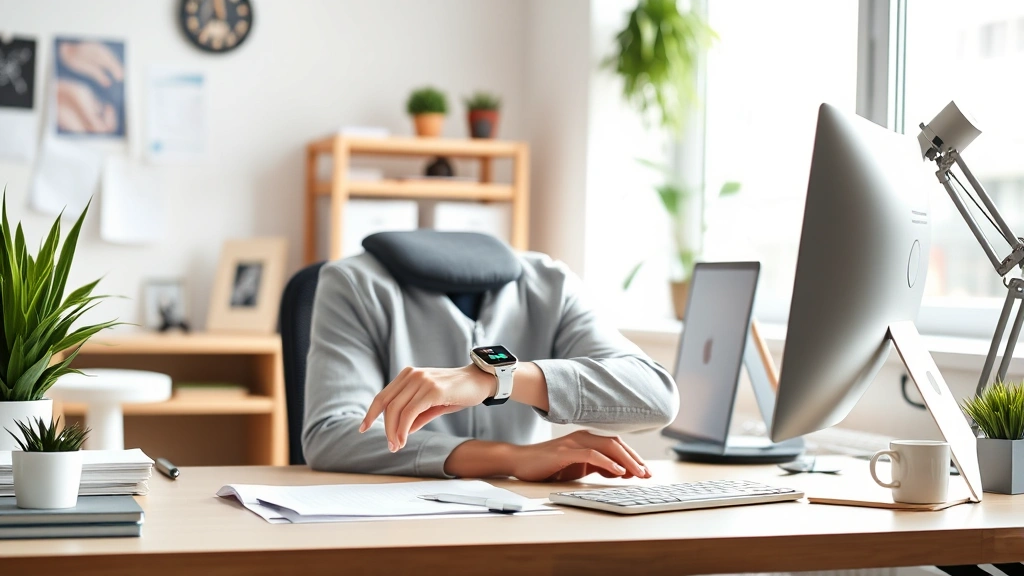 Professional workspace optimization showing organized desk, proper ergonomic setup, biometric device on wrist, calm focused expression, natural daylight, photorealistic productive environment