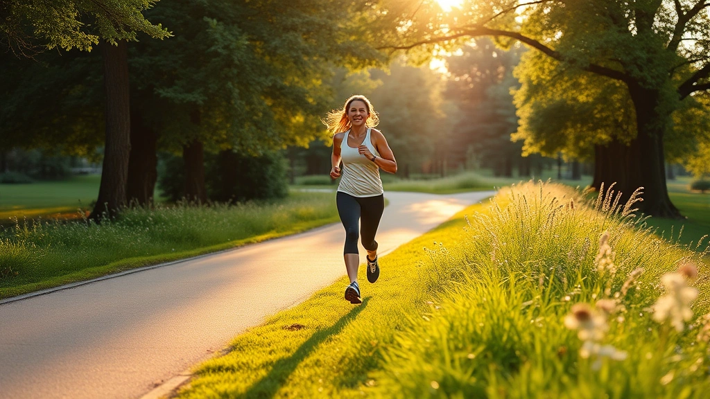 Woman jogging through park trail at sunrise, athletic wear, energetic posture, lush greenery surroundings, morning light, outdoor fitness