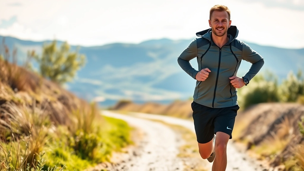 Active person jogging outdoors on sunny path, athletic wear, natural landscape background, determined focused expression, movement captured mid-stride, energetic atmosphere