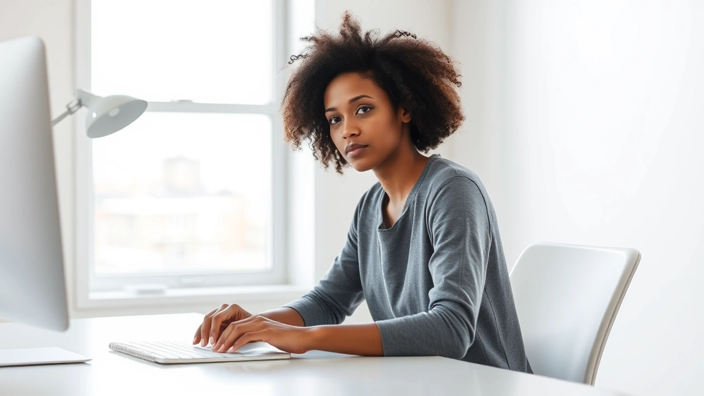 Person sitting at minimalist desk with single task focus, natural window light, completely clear desk surface, serene focused expression, realistic photography, no visible text or screens