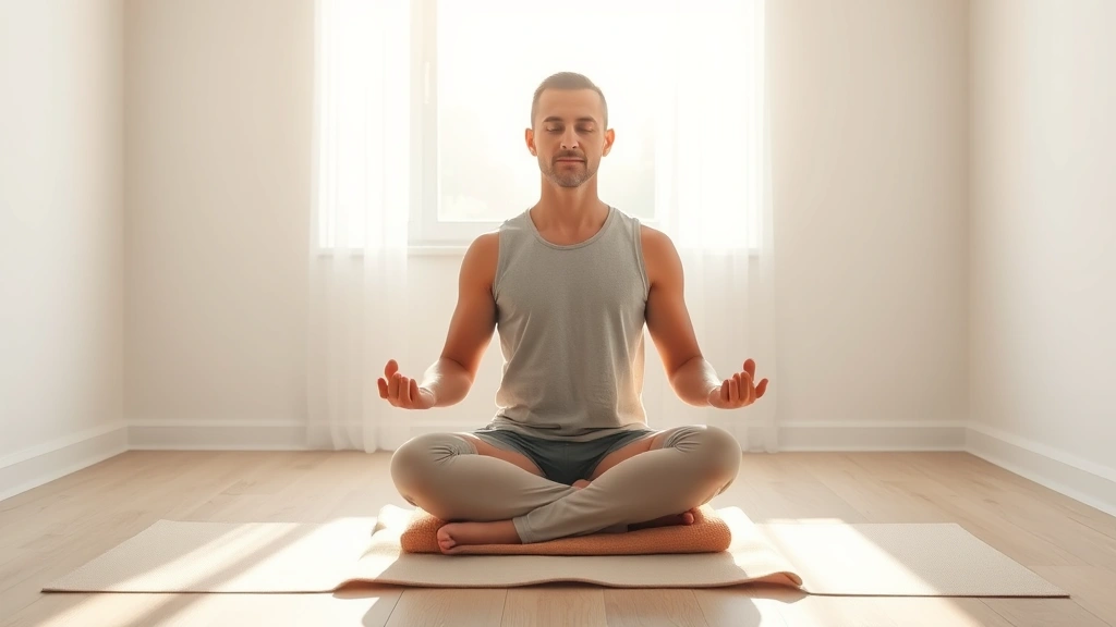 Individual meditating in peaceful morning light, sitting cross-legged on cushion in bright room, calm centered expression, photorealistic, no text visible, demonstrates attention training