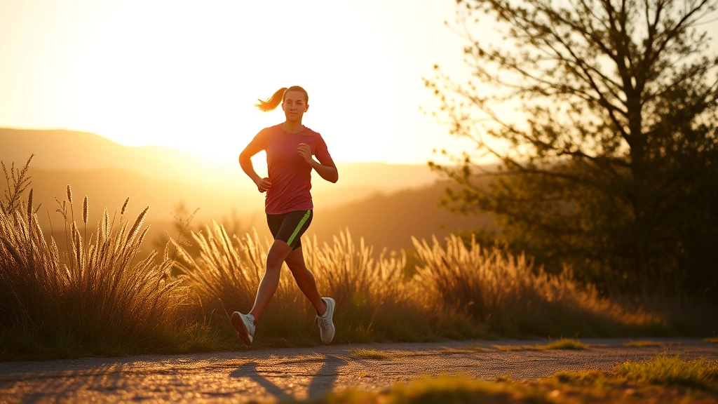 Active person jogging outdoors in morning sunlight, natural landscape background, energetic movement, demonstrates exercise supporting cognitive function, realistic photography, no text overlay