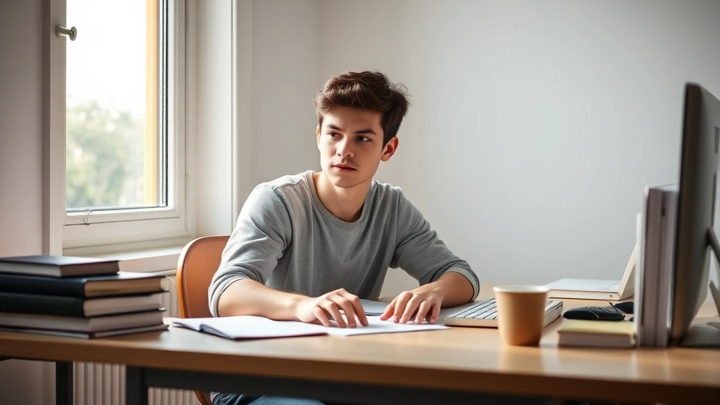 Student sitting at desk with focused expression, hands on keyboard, books and coffee cup nearby, natural sunlight from window, calm minimalist study space with no visible distractions