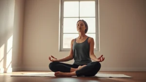 Person in peaceful meditation pose sitting cross-legged indoors with soft natural light from window, calm focused expression, minimalist room background, photorealistic, professional lighting, serene atmosphere