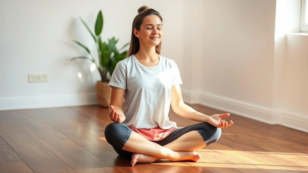 Person meditating in lotus position on wooden floor with soft natural light, peaceful facial expression, indoor plant visible in background, creating serene focus environment