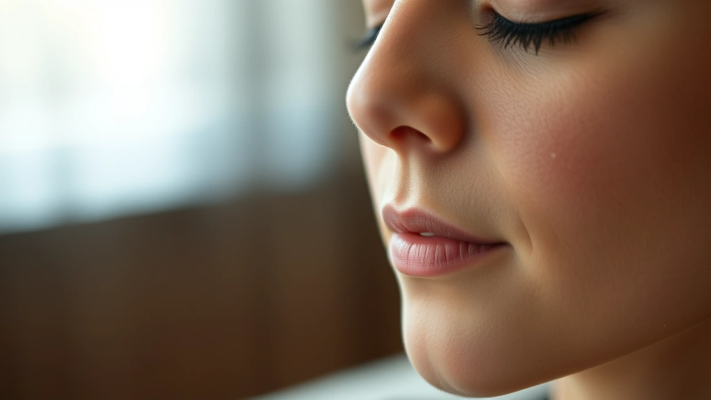 Close-up of someone's face during meditation with eyes closed, peaceful expression, soft diffused lighting, shallow depth of field, professional headshot style, photorealistic, warm neutral tones