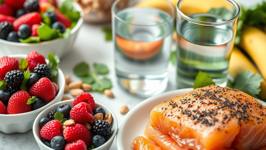 Close-up of healthy brain-boosting foods arranged on table: berries, nuts, salmon, leafy greens, water glass, representing nutrition for cognitive performance and sustained concentration