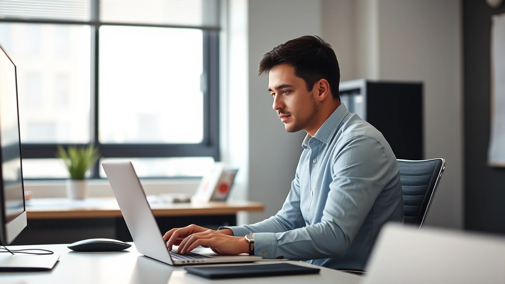 Person working at desk with laptop in focused concentration, sitting upright with good posture, natural window light, minimal distractions visible, professional office setting, photorealistic, mid-workday lighting