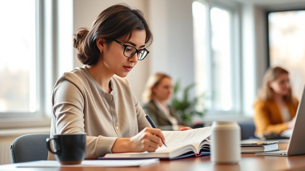 A focused mental health professional taking detailed notes during an engaging CEU workshop, sitting at a desk with coffee, displaying concentrated expression and engaged body language, natural lighting from windows, photorealistic professional setting