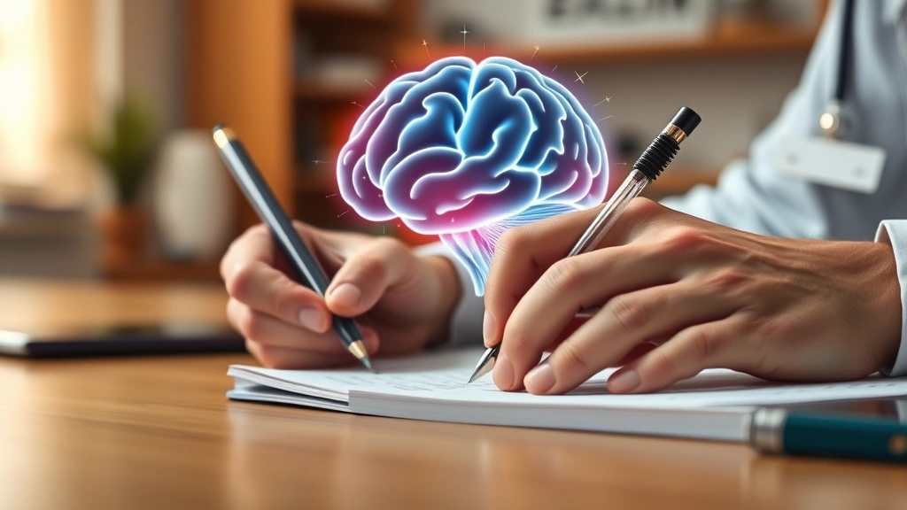 Close-up of hands writing clinical notes while a brain illustration subtly glows in background, representing neuroplasticity and learning, warm professional office environment, photorealistic medical setting without visible text