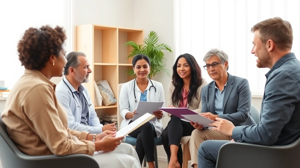A diverse group of mental health professionals in a consultation room discussing case studies, all displaying active engagement and focus, natural expressions of professional collaboration, bright clinical space, photorealistic without visible documents or text