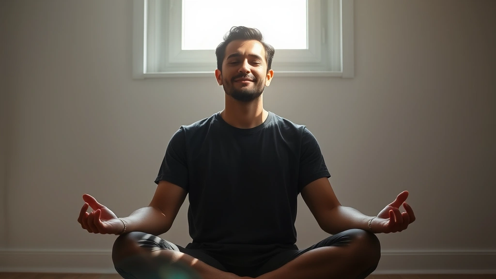 Person in peaceful meditation pose sitting by window with soft natural light, sunlight streaming across face, completely relaxed expression, serene indoor environment with minimal background