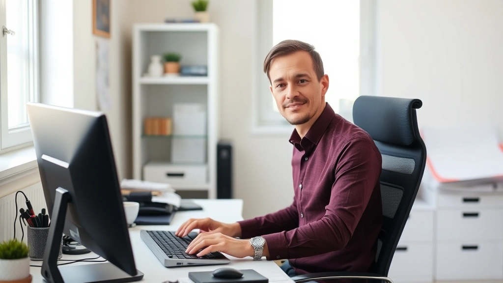 Person sitting at clean, organized desk with minimal visual clutter, hands positioned on keyboard, focused expression, natural window light, calm workspace environment