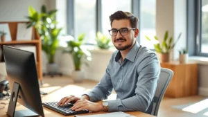 Professional adult at desk with clear workspace, morning light through windows, relaxed focused expression, no screens visible, natural wood furniture, plants in background, peaceful office environment