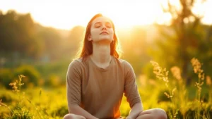 Person sitting peacefully outdoors in morning sunlight, eyes closed with gentle expression, surrounded by natural green landscape, soft golden hour lighting, embodying calm focus and mental clarity