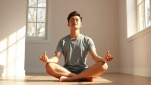 Person sitting cross-legged in peaceful sunlit room, eyes gently closed in meditation pose, serene expression, morning light streaming through windows, minimalist background, photorealistic
