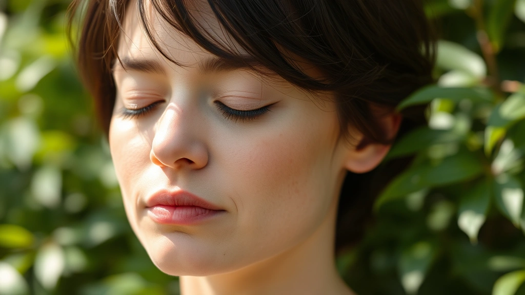 Close-up of person meditating outdoors in nature, eyes gently closed, surrounded by blurred green foliage, peaceful expression showing deep concentration and mental clarity