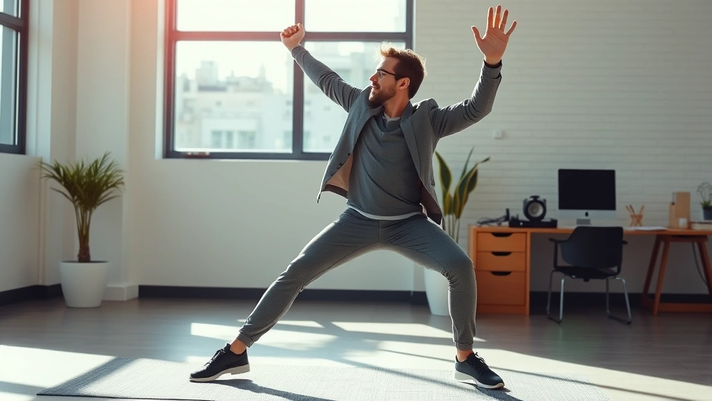 Individual doing jumping jacks or stretching before work session, energetic pose, bright natural lighting, showing movement and physical activation for mental focus