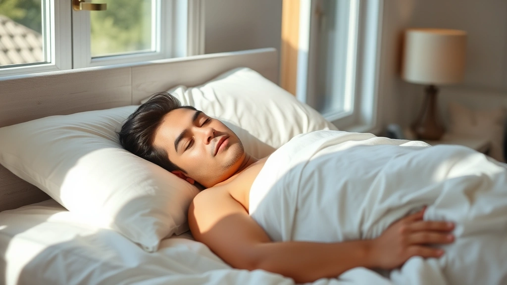Person sleeping deeply in comfortable bed, soft morning sunlight streaming through windows, white bedding, serene expression, minimal bedroom, natural sleep position, warm ambient lighting