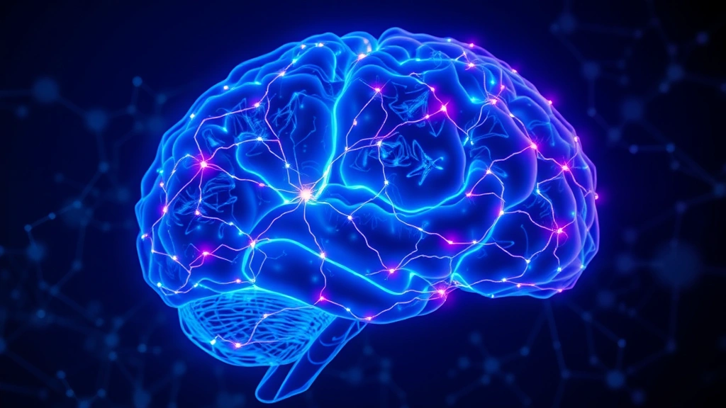 Brain visualization showing neural connections and neural pathways lighting up in prefrontal cortex region, abstract but realistic neuroscience imagery, glowing synapses, deep blues and purples, no text