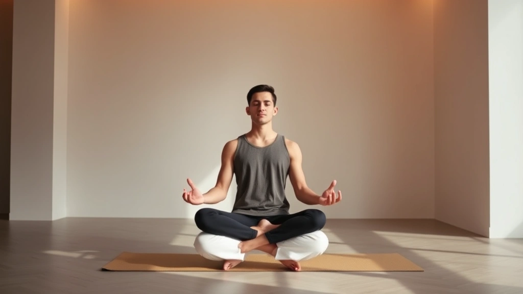 Individual practicing meditation in modern minimalist space, sitting upright with calm posture, soft warm lighting creating peaceful atmosphere, demonstrating focused attention and tranquility