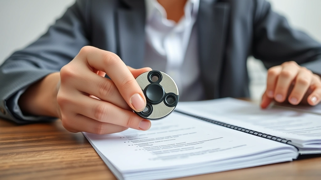 Close-up of hands using fidget spinner or fidget cube during work, person sitting at desk with visible task list or notebook, neutral background, demonstrating productive stimming