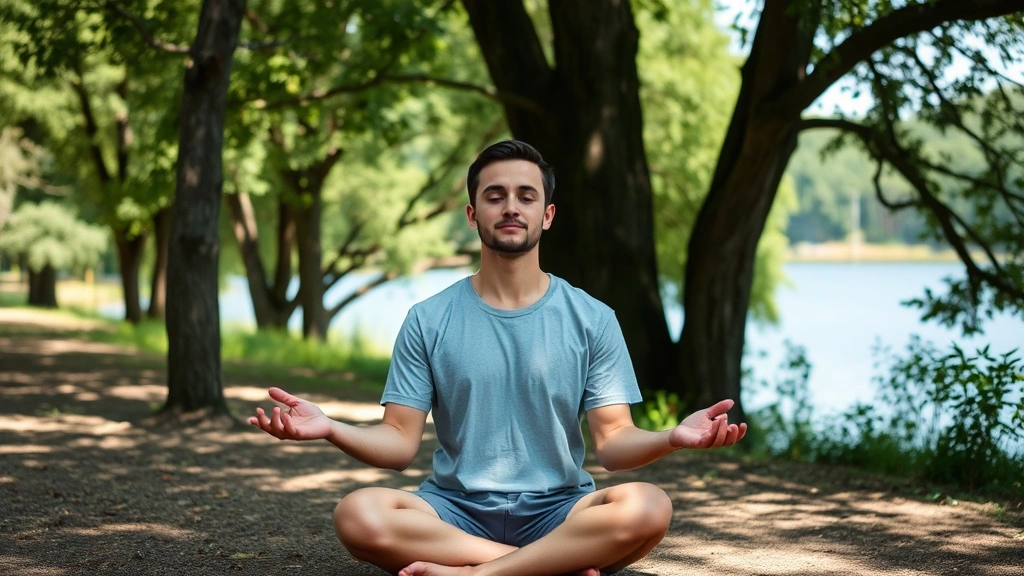 Individual meditating in nature setting, sitting peacefully near trees or water, calm facial expression, natural posture, outdoor natural lighting, clear sky, tranquil environment, no urban elements