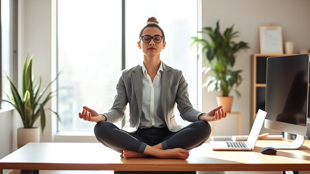 Professional in modern workspace pausing for meditation break before focused work session, sitting peacefully at desk with soft natural light, demonstrating workplace meditation practice