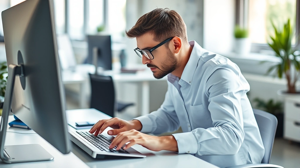 Focused professional at desk working with intense concentration, hands on keyboard, clean modern workspace, natural lighting, calm composed expression, photorealistic workspace scene