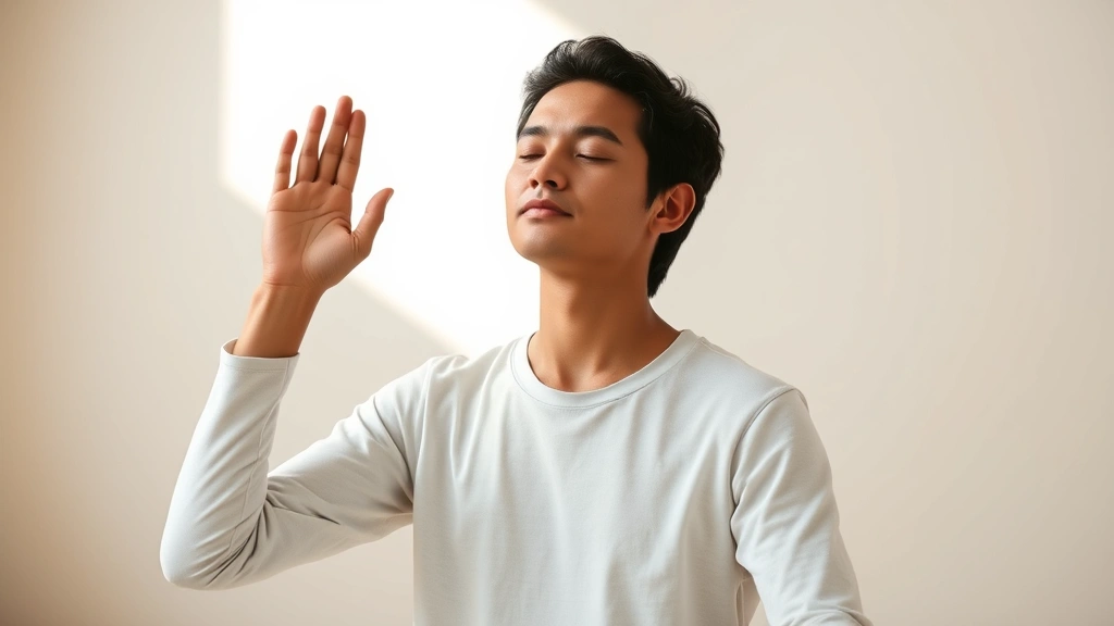Person in peaceful meditation pose in bright natural light, serene expression, soft neutral background, photorealistic, professional photography style