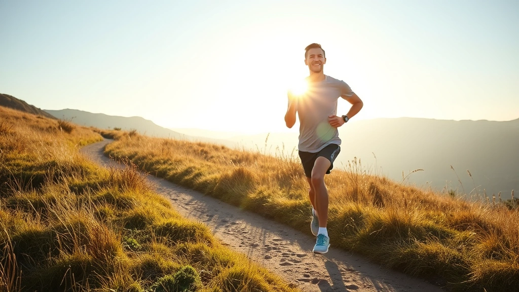 Athlete running outdoors on sunny trail, dynamic movement, natural landscape, energetic but calm expression, crisp morning light, photorealistic