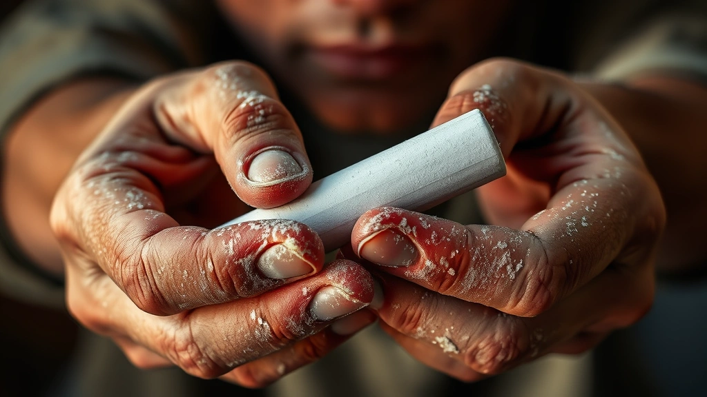 Close-up of weathered hands holding natural white chalk, fingers textured with chalk dust, warm studio lighting, shallow depth of field, concentrated expression barely visible