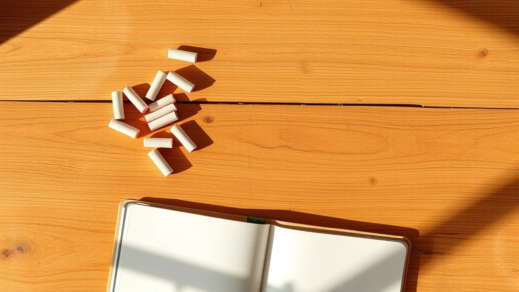 Overhead view of wooden desk with scattered natural chalk pieces, notebook corner visible, morning sunlight creating shadows, minimalist workspace aesthetic, no text visible