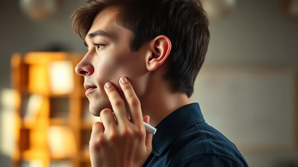 Side profile of person with hand near face holding chalk, blurred background suggesting office environment, warm natural lighting, contemplative focused posture, no identifying features