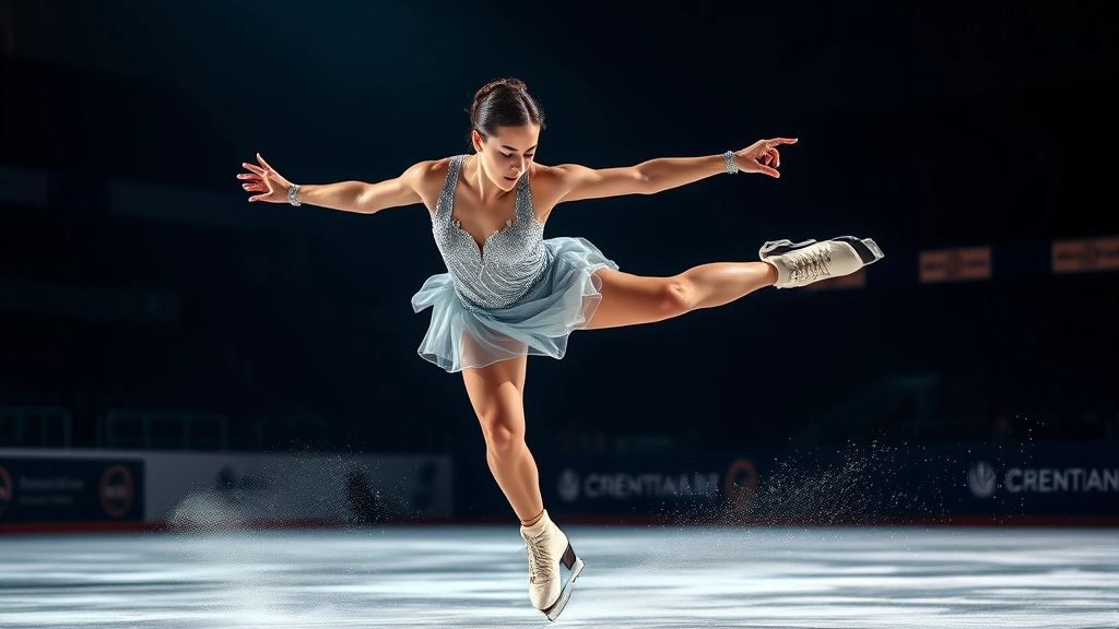 Professional figure skater executing a perfect landing, intense facial concentration, ice spray visible, dramatic arena lighting creating focus on the athlete
