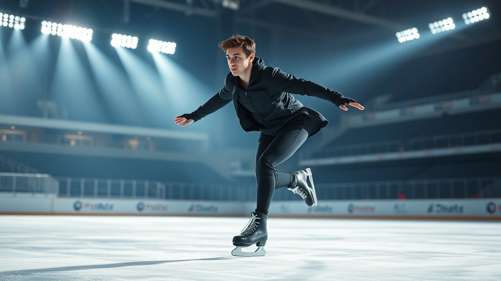 Professional ice skater in mid-performance on pristine white ice rink, intense facial concentration, body perfectly balanced, stadium lighting creating dramatic shadows, photorealistic high-resolution