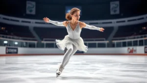 Professional figure skater in white outfit performing elegant spiral on pristine ice, intense concentrated expression, perfectly lit rink environment, photorealistic