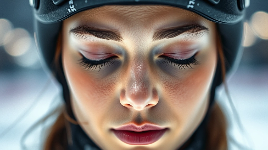 Close-up of skater's face showing deep meditation and mental clarity, calm focused expression, motion-blurred ice background emphasizing mental state