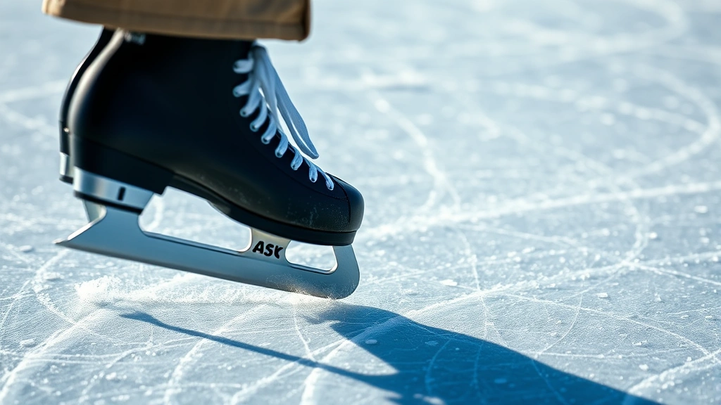 Close-up of skater's boots and blades on ice surface with crystalline texture detail, showing balance and control, crisp focus on blade edges, minimalist composition