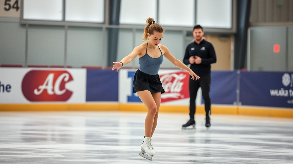 Skater in training performing complex footwork sequence with visible tension and concentration, coach providing feedback in background, competitive training environment