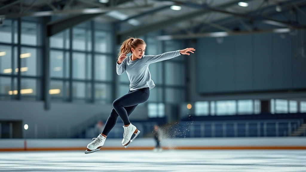 Skater executing complex movement with perfect form, full-body frame showing concentration and athleticism, modern rink facility background slightly blurred, dynamic action captured mid-motion