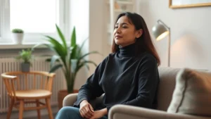 A calm person sitting in a comfortable therapy office setting with soft natural lighting, looking peaceful and focused during a mental health consultation session, professional but welcoming environment