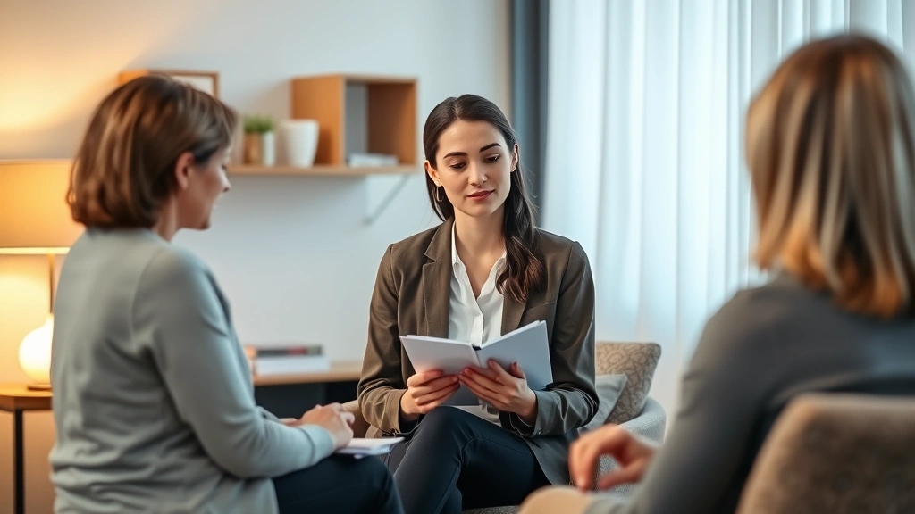 Professional woman therapist in calm office setting taking notes during patient session, warm lighting, peaceful environment, focused expression, modern minimalist therapy room with comfortable seating