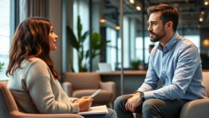 Professional therapist in modern office having focused conversation with attentive client, warm lighting, comfortable seating, note-taking visible, calm concentrated expression, therapeutic environment