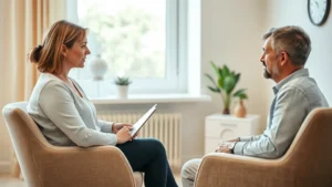 Professional therapist conducting focused one-on-one counseling session with patient in calm, well-lit office environment, both seated comfortably, natural window light, neutral warm tones, therapeutic atmosphere, photorealistic, no text or clock visible