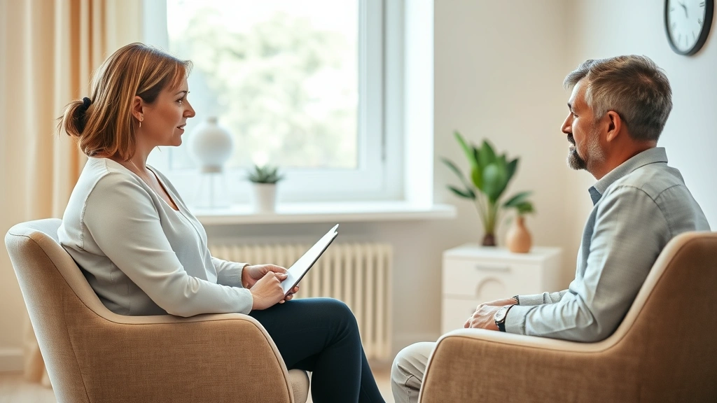 Professional therapist conducting focused one-on-one counseling session with patient in calm, well-lit office environment, both seated comfortably, natural window light, neutral warm tones, therapeutic atmosphere, photorealistic, no text or clock visible